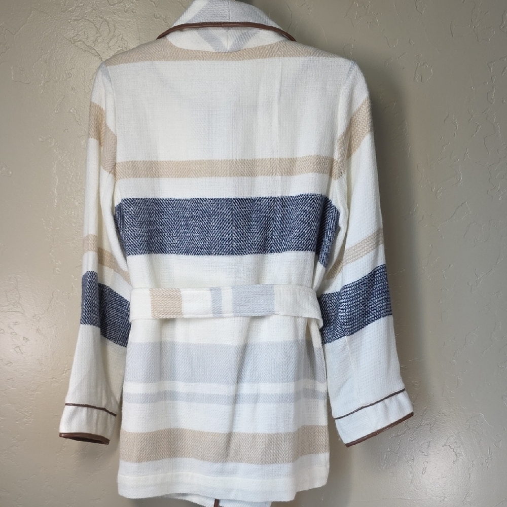 Chico's White Striped Cream Shawl-Collar Belted Blanket Jacket with Navy Beige - Picture 7 of 13